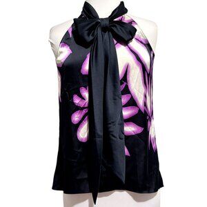Tahari Hi-End Losa High Neck Tie Bow Floral Blouse Black Violet XS NEW $238